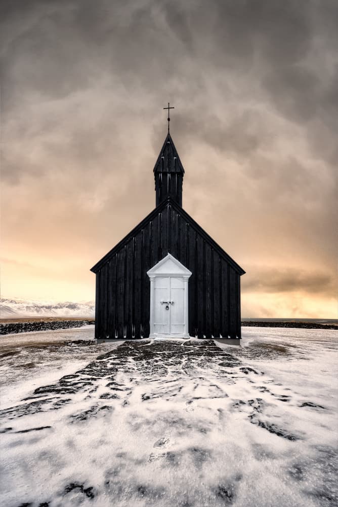 Iceland Black Church Snow by César Vega Toledano — canvas wall art