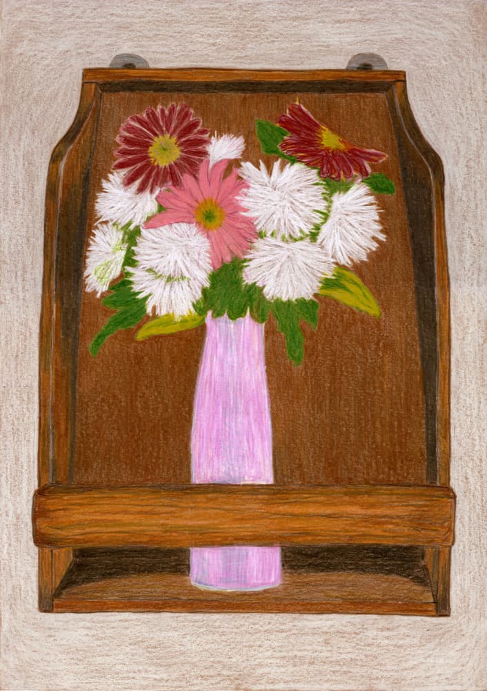 Flowers on Wooden Shelf by Viktoriia Saunina — canvas wall art