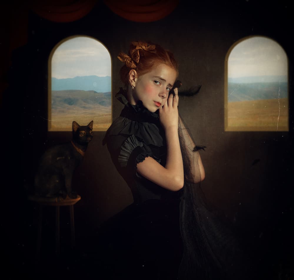 Pensive Girl Black Cat by Svetlana Melik-Nubarova — canvas wall art