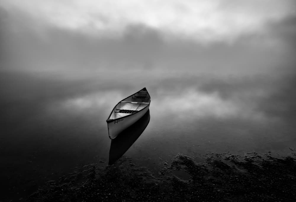 Misty Morning Canoe by Jasmine Suo — canvas wall art