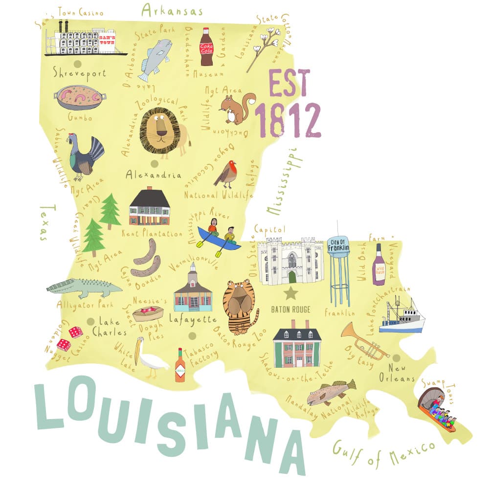 Whimsical Louisiana Map by Carla Daly — canvas wall art