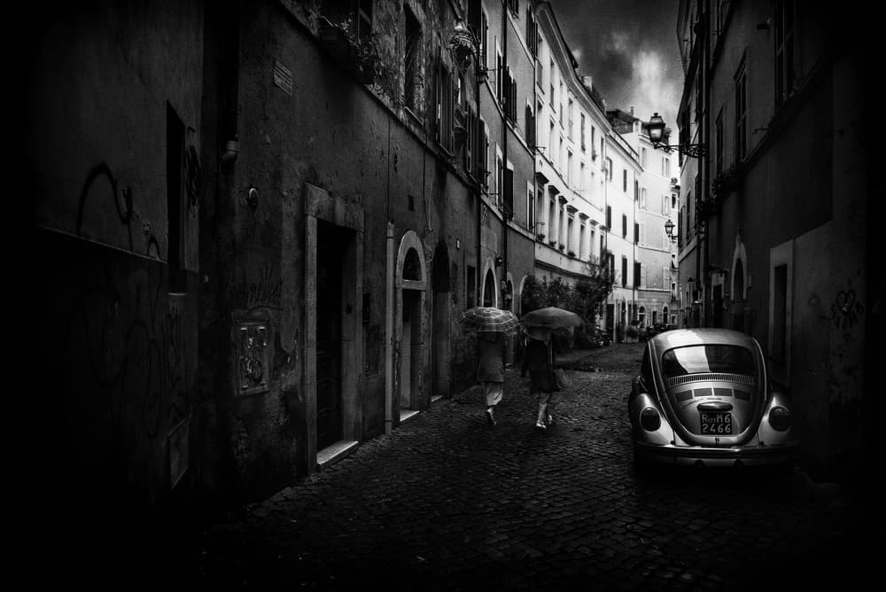 Vintage Car Rainy Street by Nicodemo Quaglia — canvas wall art