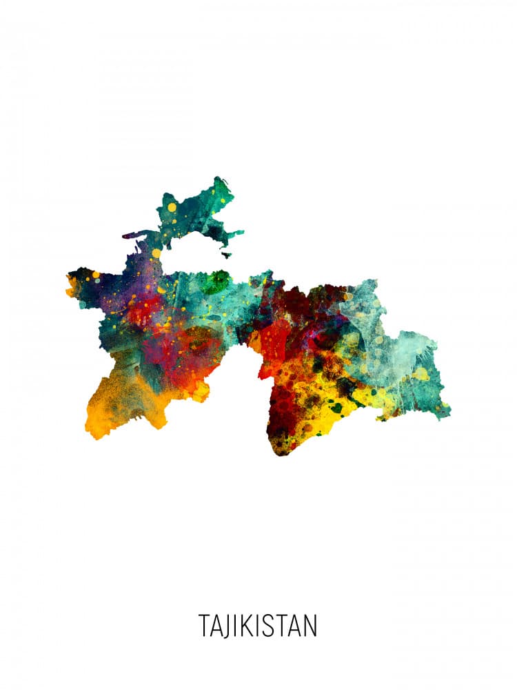 Colorful Tajikistan Map by Michael Tompsett — canvas wall art