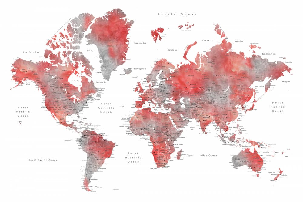 Red Gray World Map by Rosana Laiz Blursbyai — canvas wall art