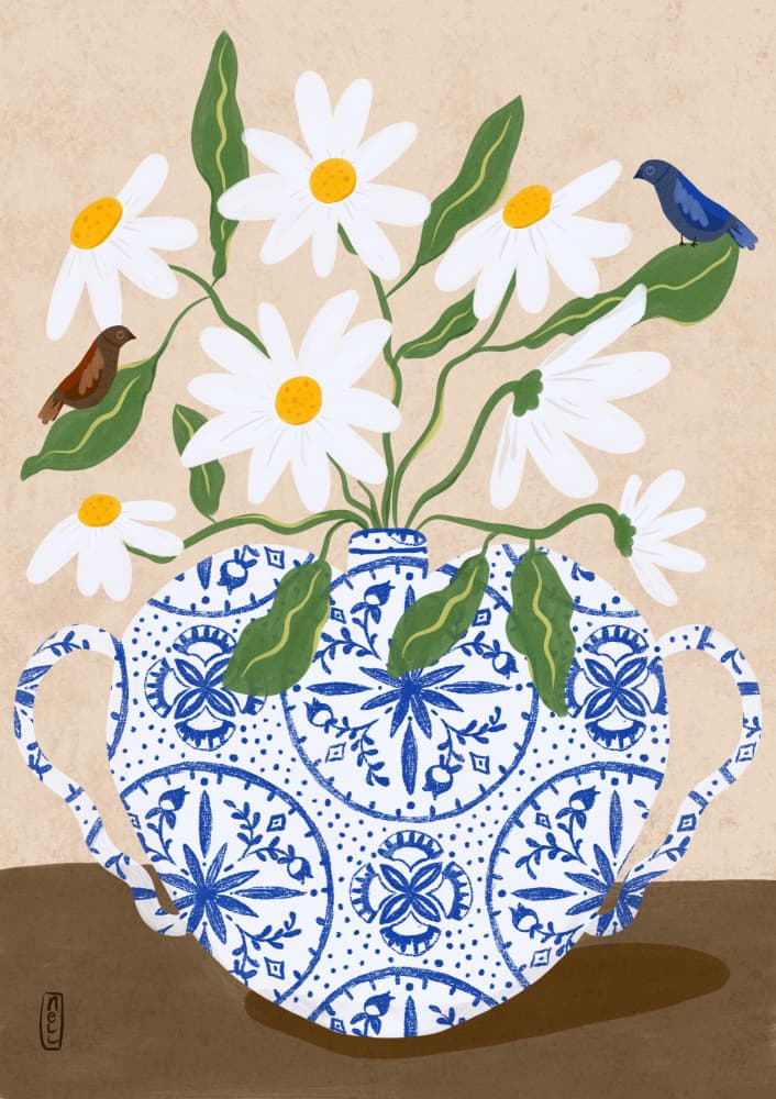 Daisies In Blue Teapot by Dirkie Nell — canvas wall art