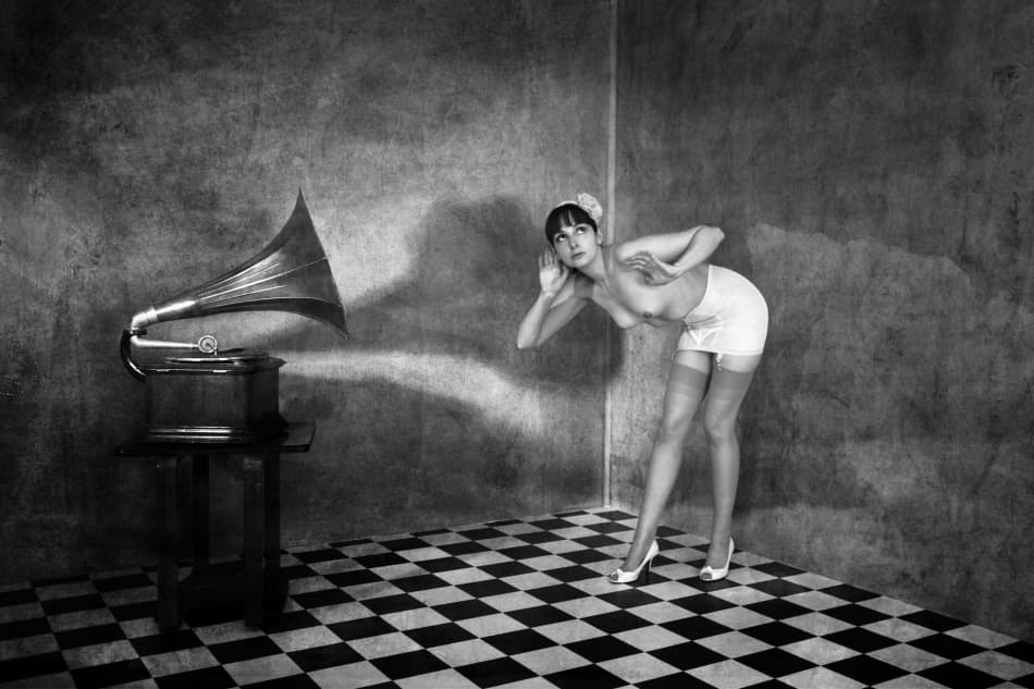 Vintage Gramophone Listener by Mel Brackstone — canvas wall art