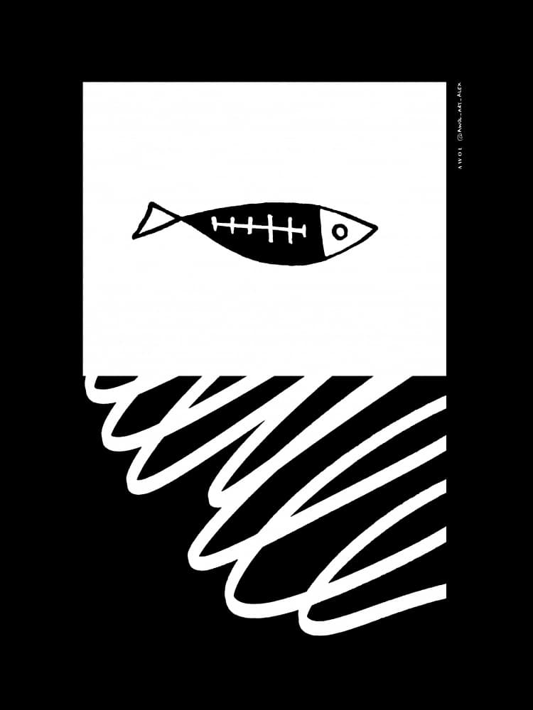 Minimal Fish Skeleton Swirl by Awol Art Alex — canvas wall art
