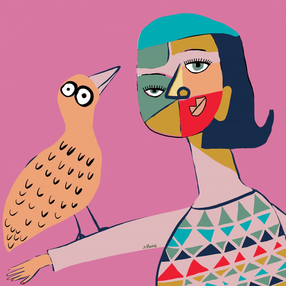 Whimsical Girl and Bird by Sharyn Bursic — canvas wall art