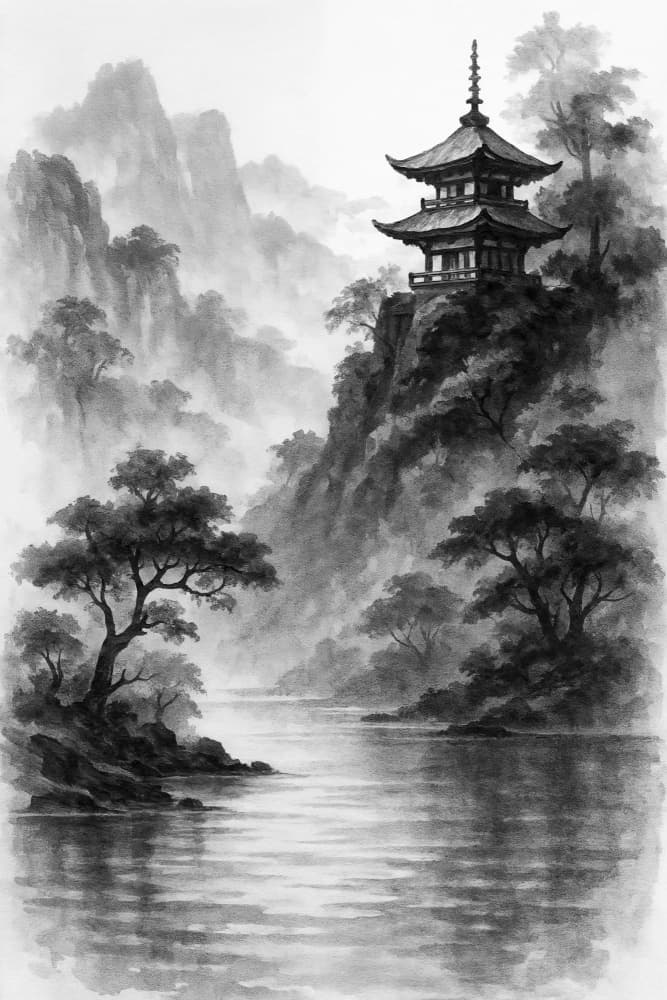 Misty Mountain Pagoda by Natalie Bruns — canvas wall art