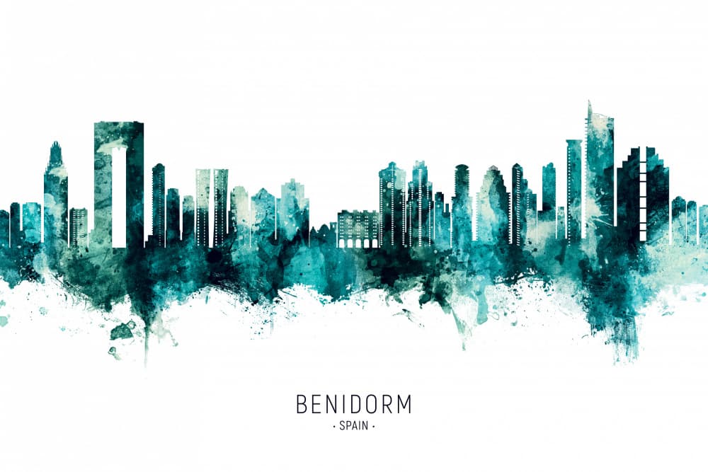 Benidorm Watercolor Skyline by Michael Tompsett — canvas wall art