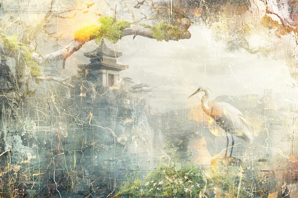 Misty Pagoda and Crane by Rafal Kulik — canvas wall art