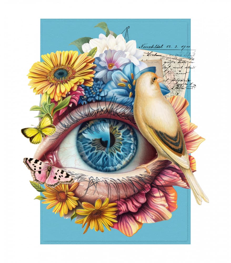 Whimsical Eye Floral Bird by Marja van den Hurk — canvas wall art
