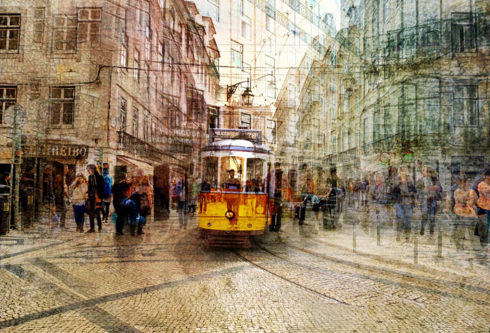 Yellow Tram City Street by Vitor Martins — canvas wall art