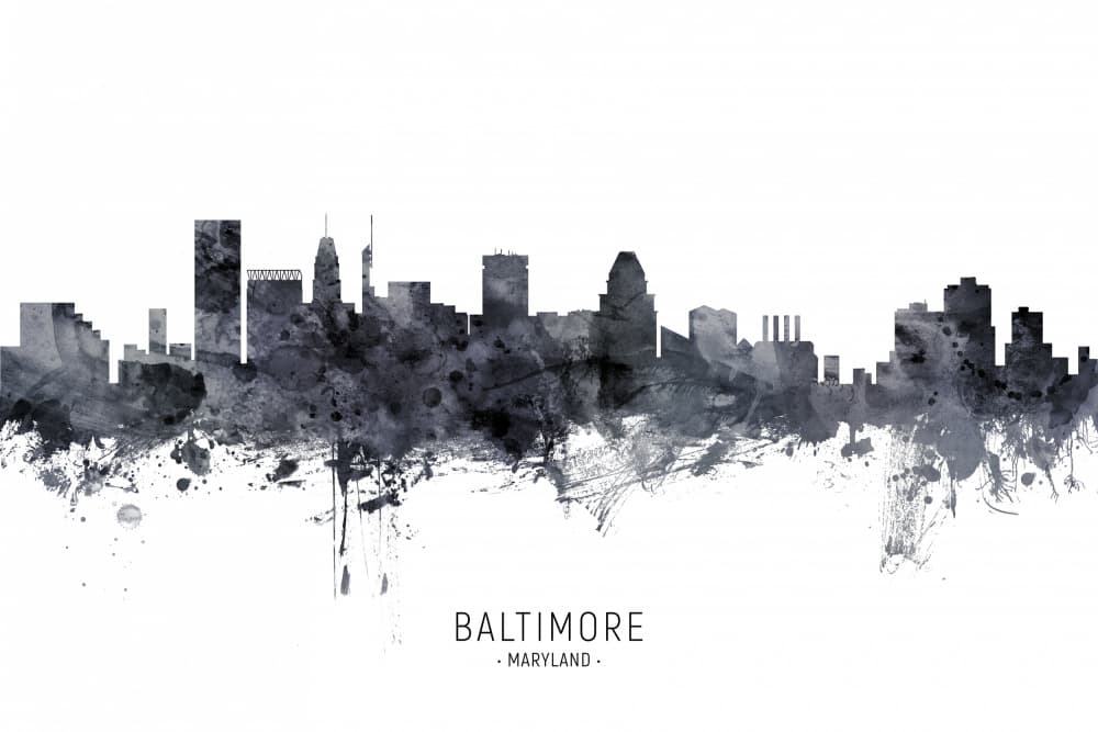 Baltimore Skyline Watercolor by Michael Tompsett — canvas wall art