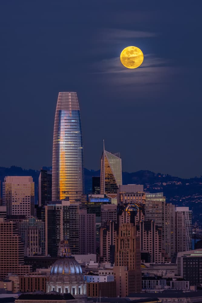 City Skyline Full Moon by Jenny Qiu — canvas wall art