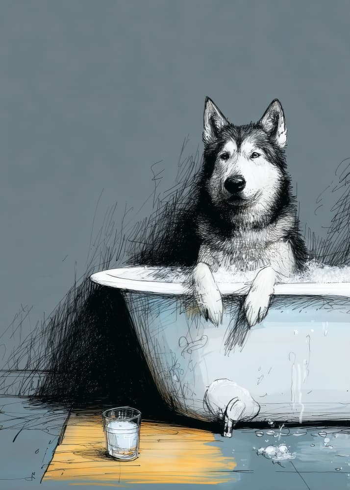 Husky Bath Time by Justyna Jaszke — canvas wall art