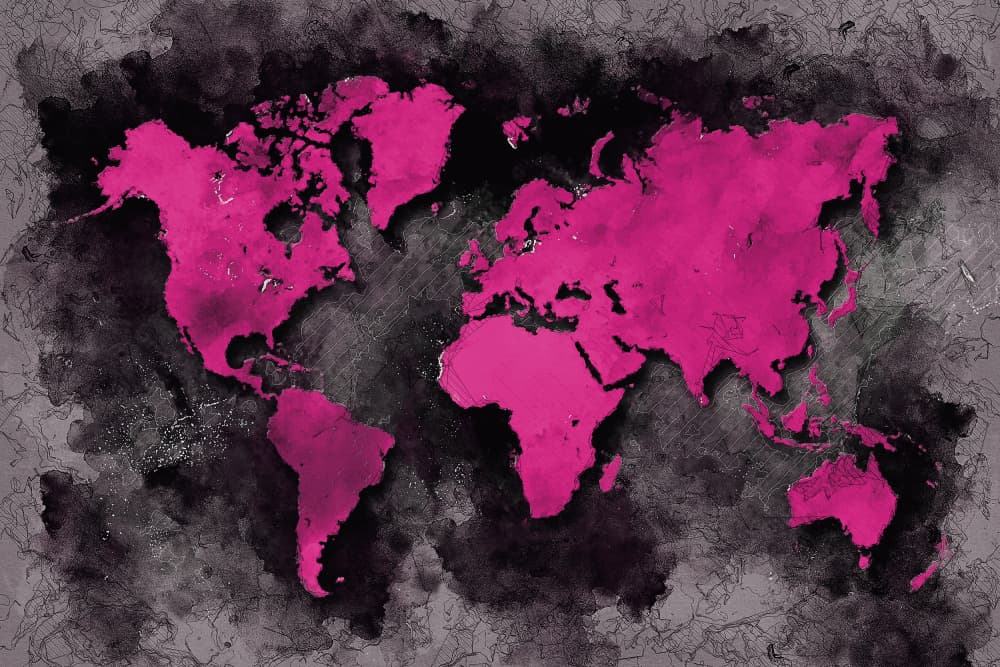 Pink Grunge World Map by Justyna Jaszke — canvas wall art