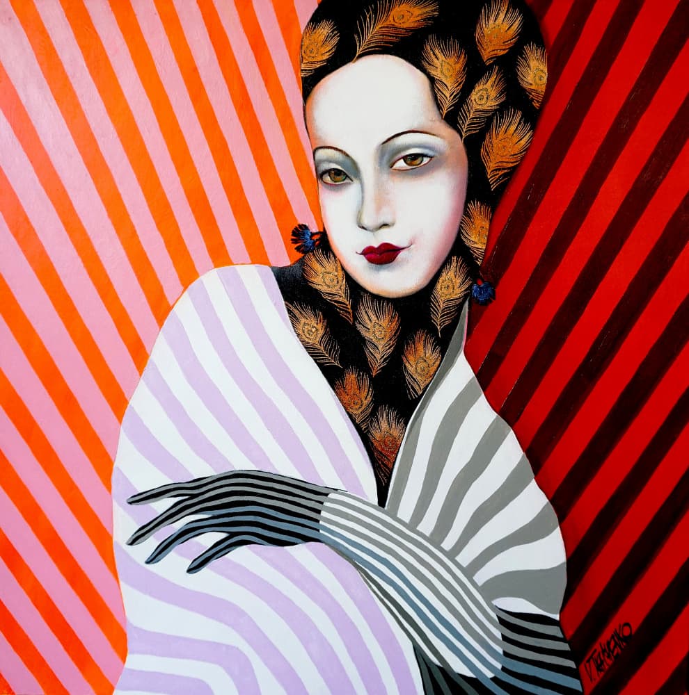 Feathered Fashion Portrait by Victor Tkachenko — canvas wall art
