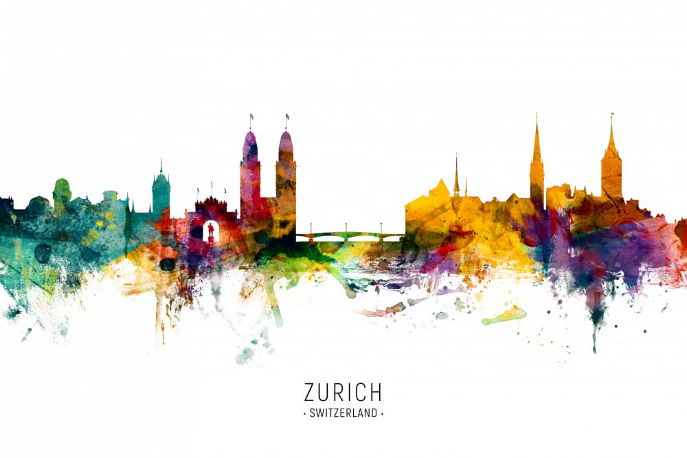 Vibrant Zurich Skyline by Michael Tompsett — canvas wall art