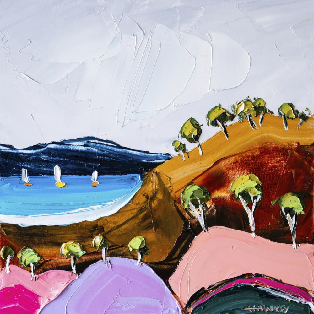 Colorful Coastal Sailboats by Angela Hawkey — canvas wall art