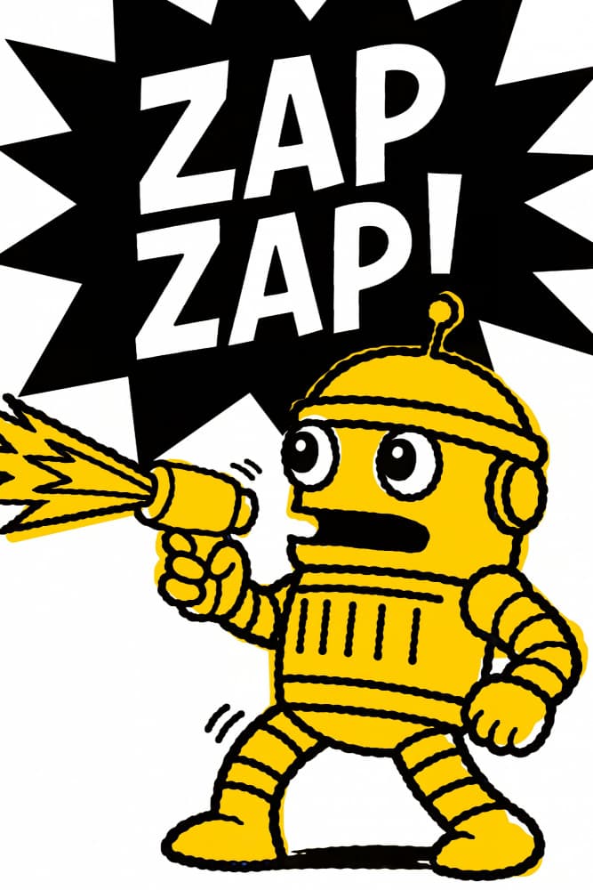 Yellow Robot Zap Action by ERM — canvas wall art