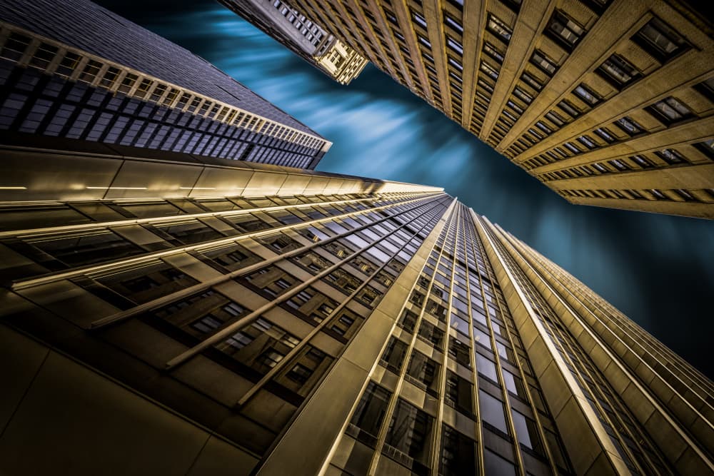 Towering Cityscape Upward View by Emil abu milad — canvas wall art
