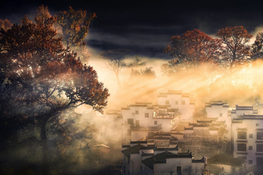 Golden Misty Village by Yuan Cui — canvas wall art