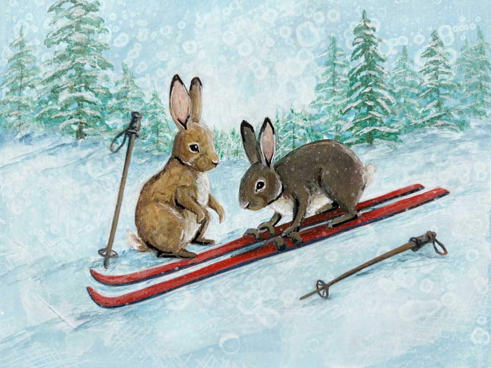 Playful Skiing Hares by Renee Machan Cottagecore Artist — canvas wall art