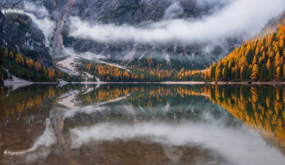 Misty Alpine Lake Autumn by Ales Krivec — canvas wall art