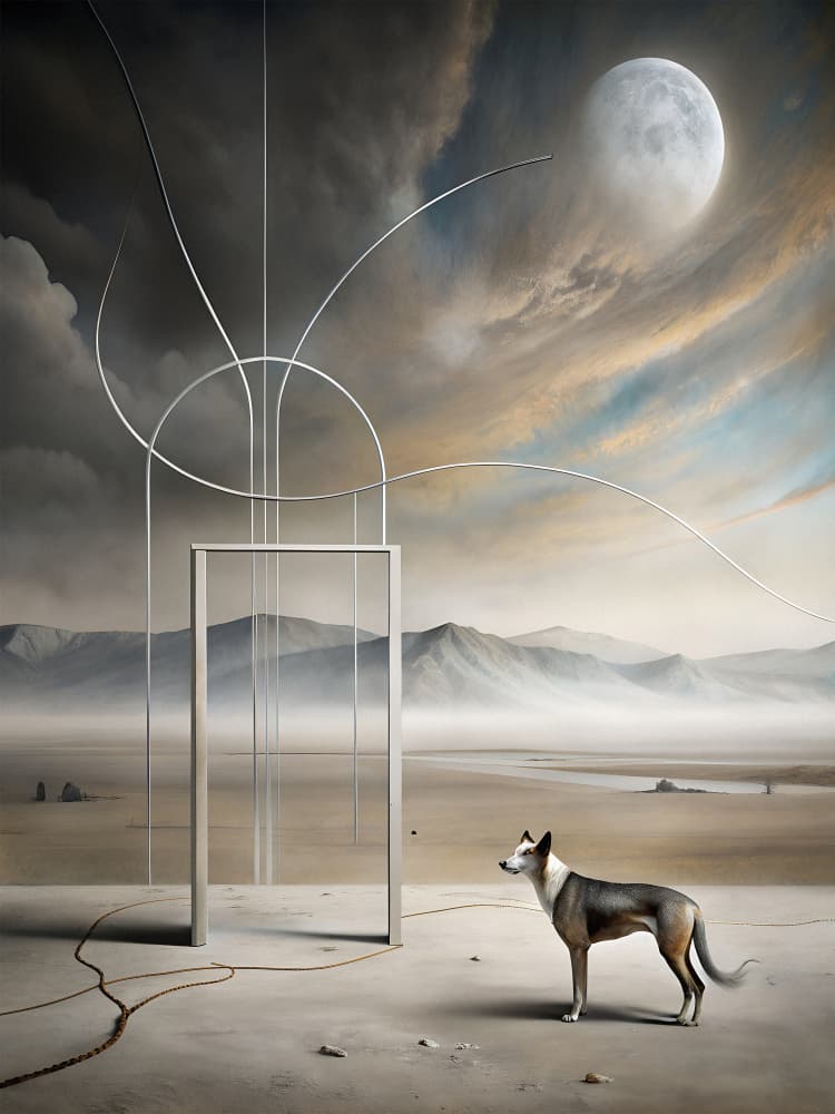 Lone Dog Desert Moon by Miguel Bruzual — canvas wall art