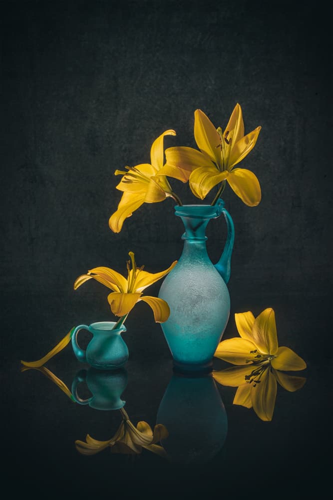 Golden Lilies Teal Vases by Lydia Jacobs — canvas wall art