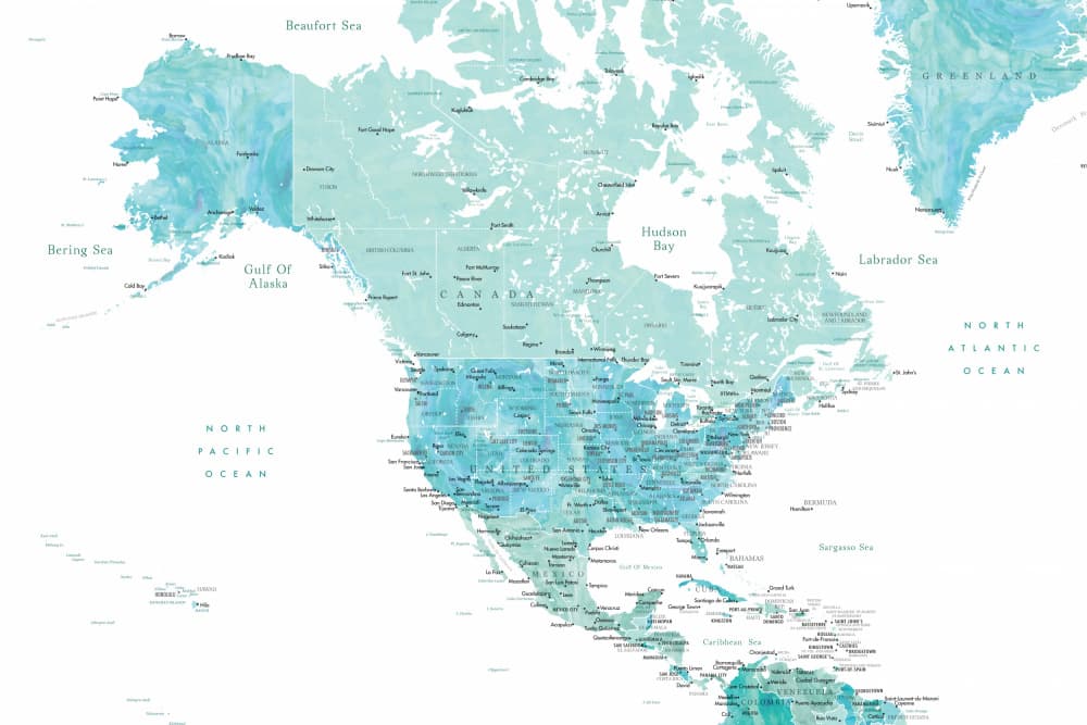 North America Watercolor Map by Rosana Laiz Blursbyai — canvas wall art