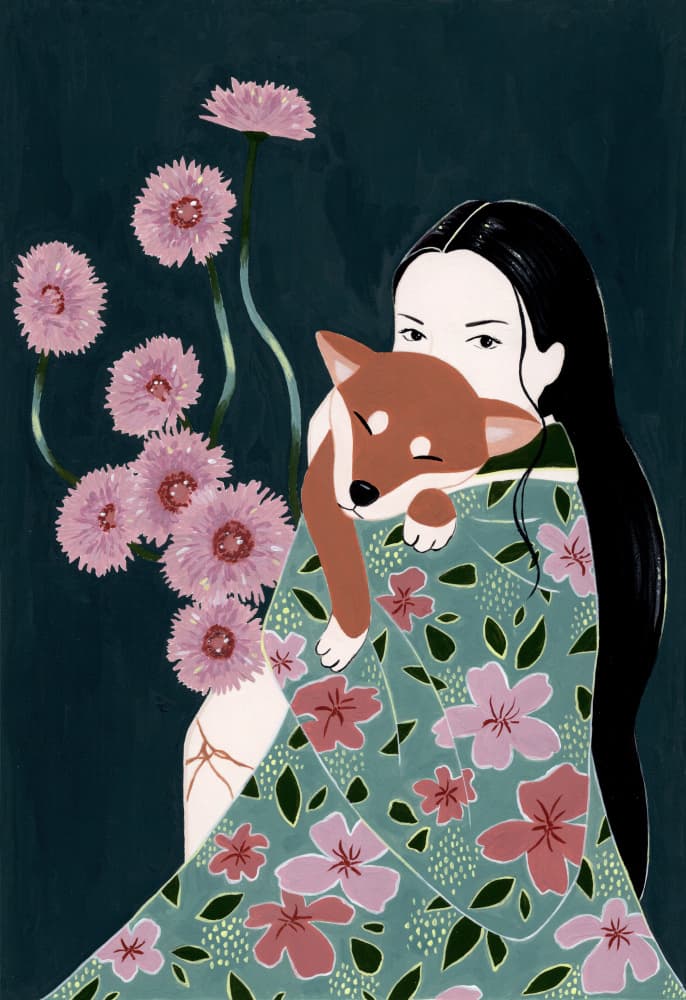 Woman Holding Shiba Inu by Julie Lesouef — canvas wall art