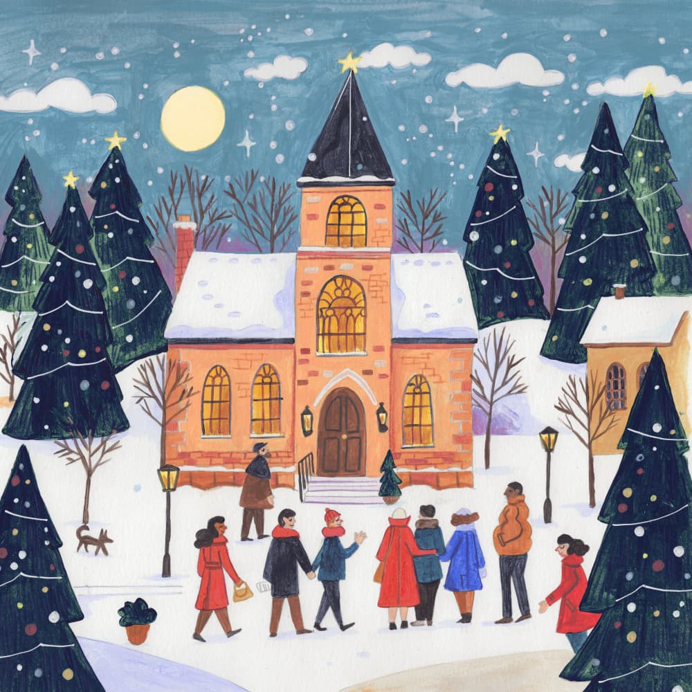 Winter Christmas evening at the church by Caroline Bonne Müller — canvas wall art