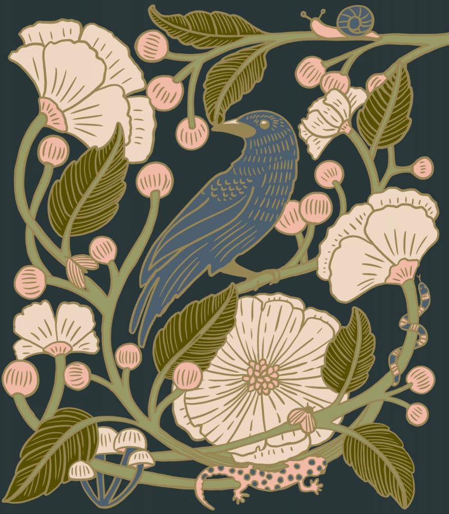 Blue Crow and Pink Botanicals on Dark Background Art Nouveau Style Illustration by Katie O'Shea — canvas wall art