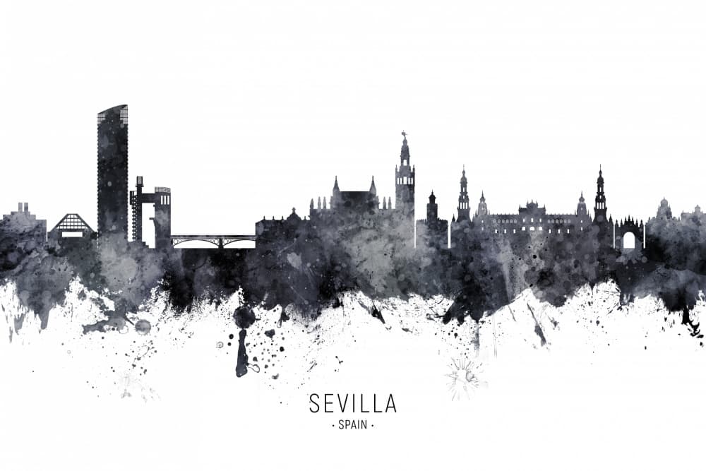 Seville Watercolor Skyline by Michael Tompsett — canvas wall art