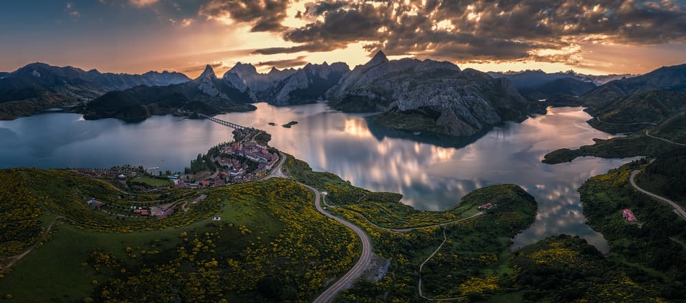 Sunset Over Lakeside Village by Juan I. Cuadrado — canvas wall art