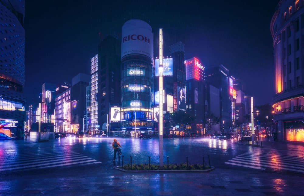 Rainy City Neon Night by Daniel Viñe — canvas wall art