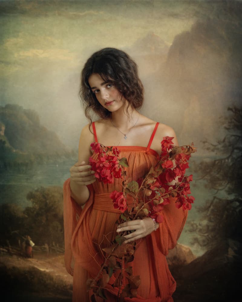 Classical Woman Red Flowers by Svetlana Melik-Nubarova — canvas wall art