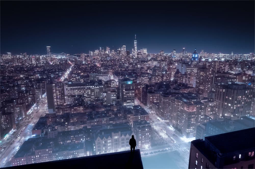 Lone Figure City Night by Qijia Li — canvas wall art