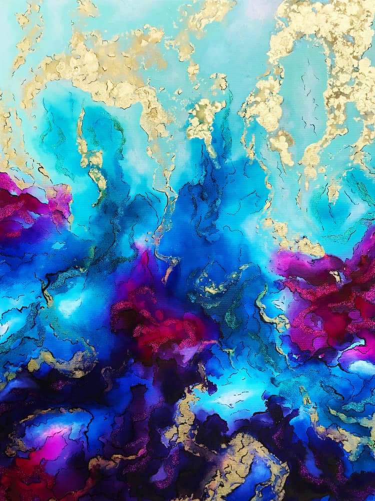 Fluid Blue Gold Abstract by Alyson Storms — canvas wall art