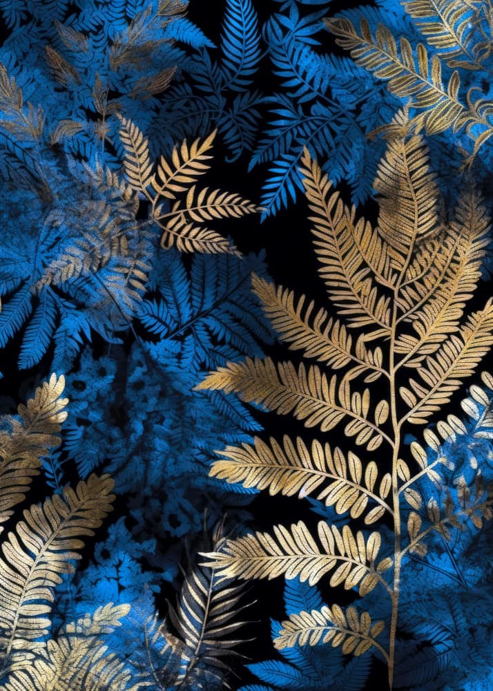 Golden Blue Ferns by Justyna Jaszke — canvas wall art