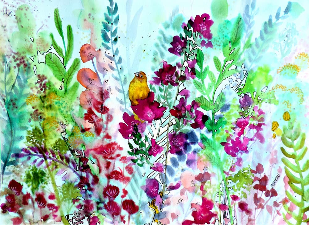 Yellow Bird Among Blooms by Sylvie Demers — canvas wall art