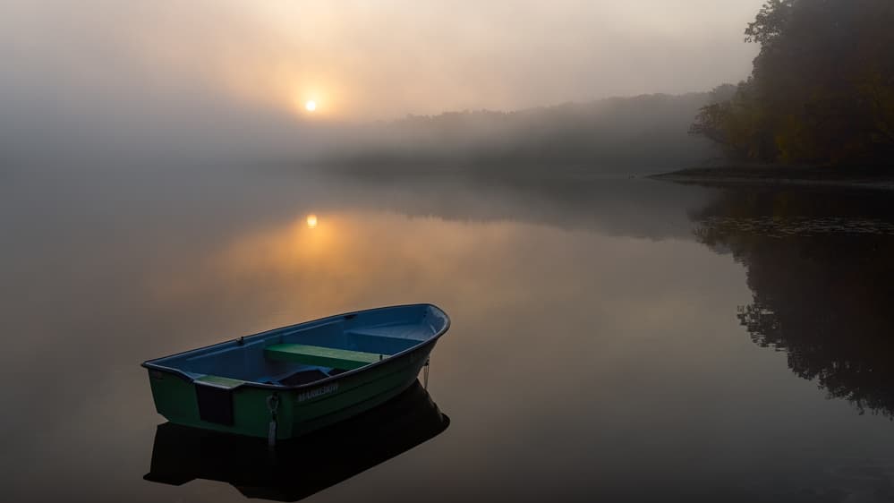 Misty Lake Sunrise Boat by Slawomir Kowalczyk AFRP  FIAP  IAAP — canvas wall art