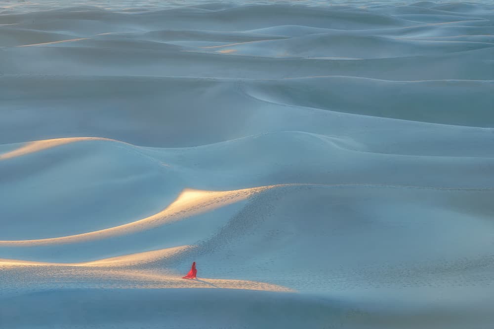 Red Dress Golden Dunes by Mei Xu — canvas wall art