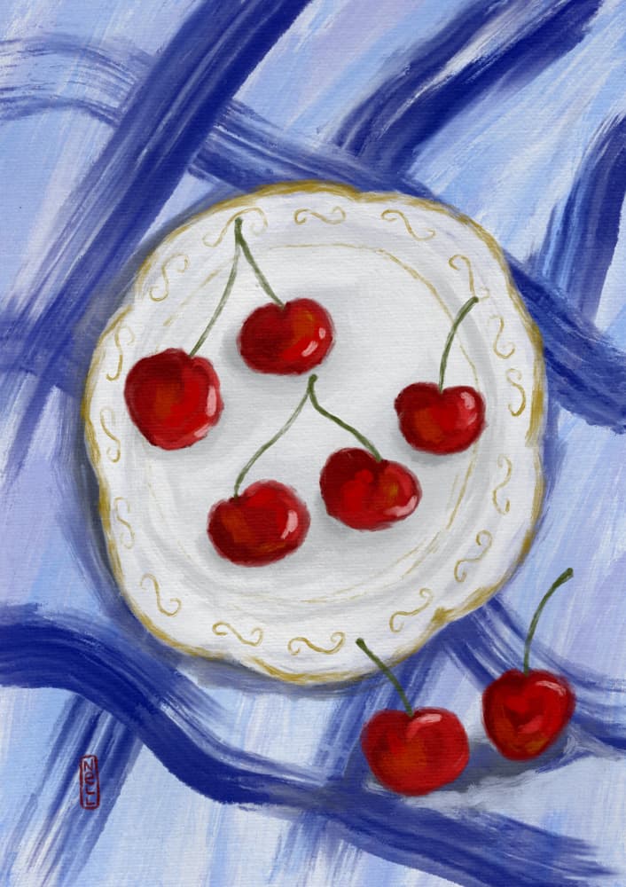 Red Cherries Blue Table by Dirkie Nell — canvas wall art