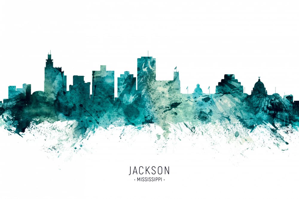 Jackson Mississippi Watercolor Skyline by Michael Tompsett — canvas wall art