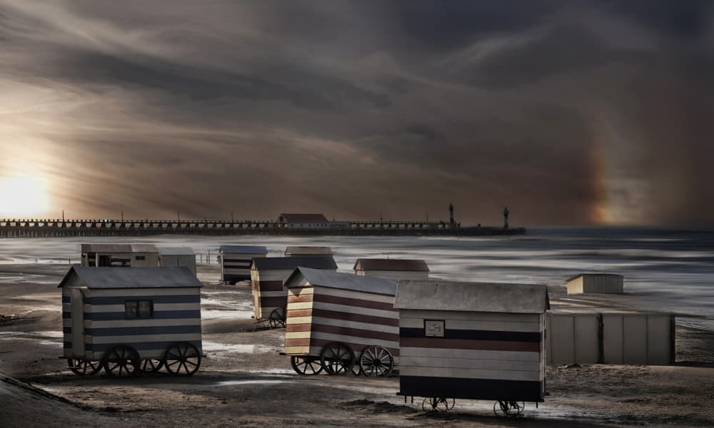 Coastal Huts Sunset by Yvette Depaepe — canvas wall art