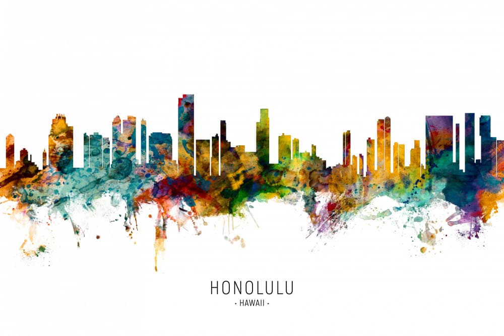Honolulu Watercolor Skyline by Michael Tompsett — canvas wall art