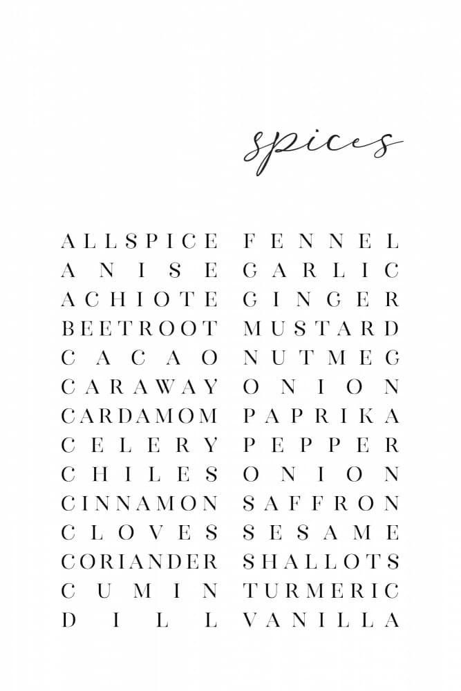 Spices List Typography by Rosana Laiz Blursbyai — canvas wall art